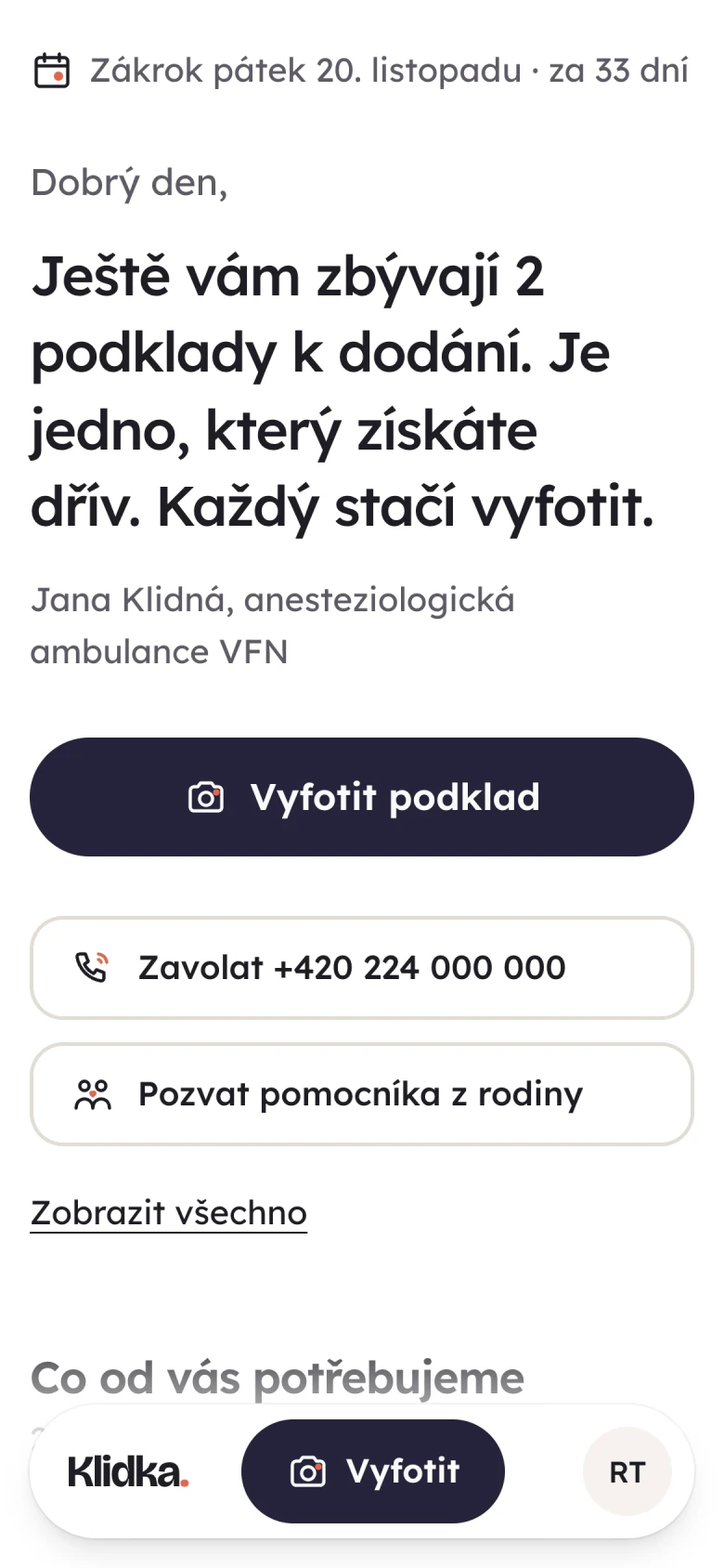 Klidka patient app home screen telling the patient that two documents are still missing and each one just needs a photo