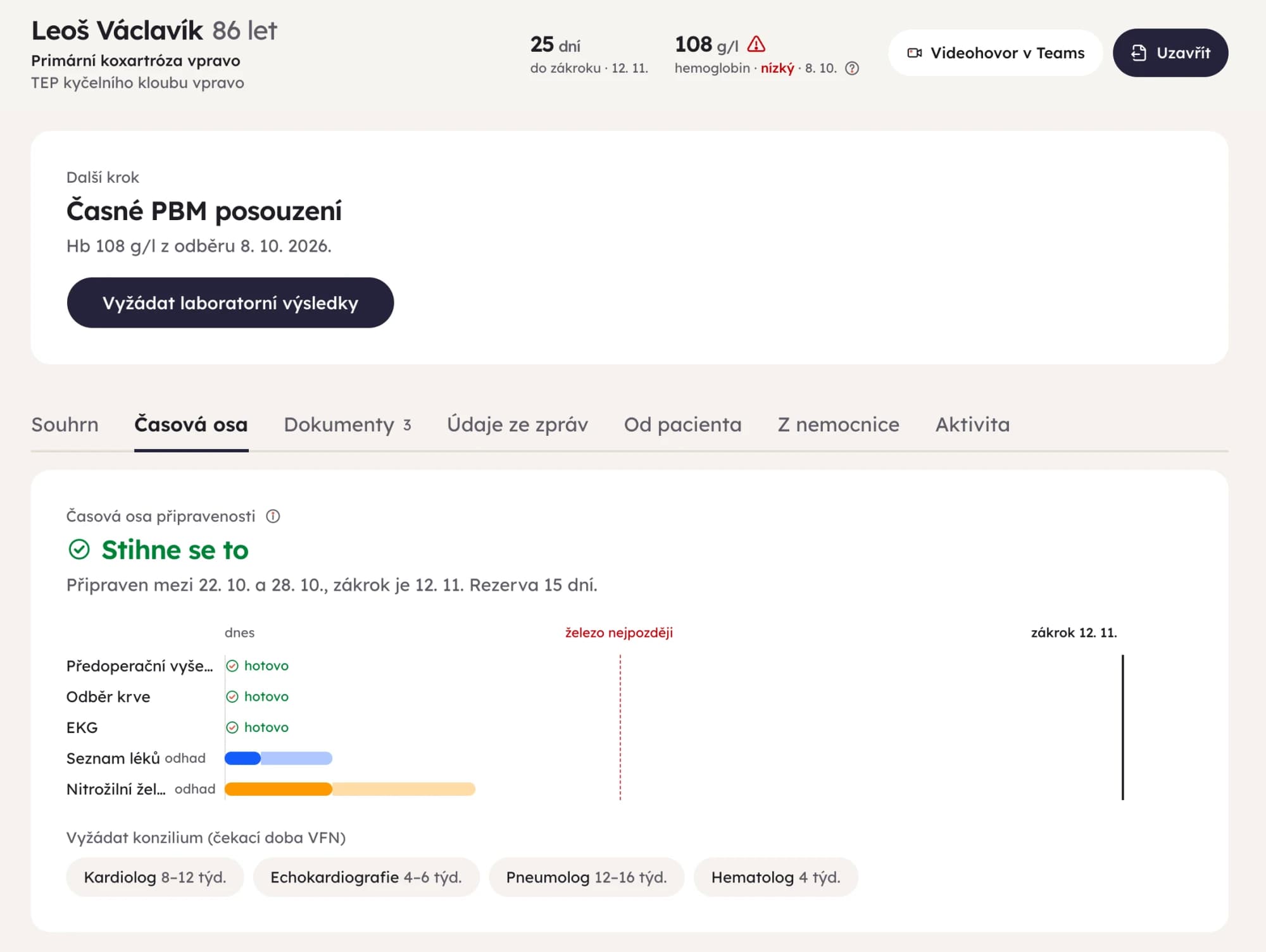 Klidka readiness timeline showing finished steps, an intravenous iron estimate and the latest date to start iron before surgery