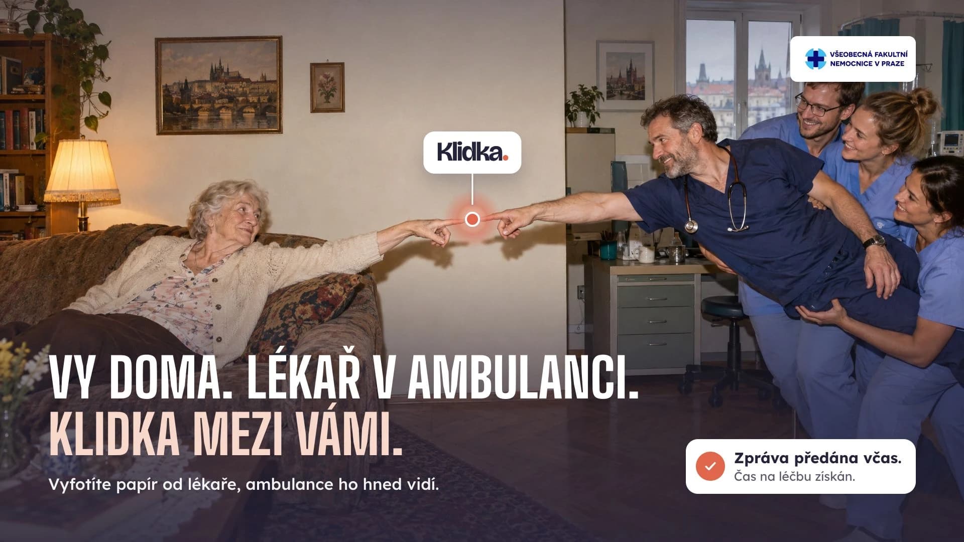 Klidka concept visual in the style of The Creation of Adam: an elderly patient at home and a doctor at the clinic reach toward each other, with Klidka connecting their fingertips