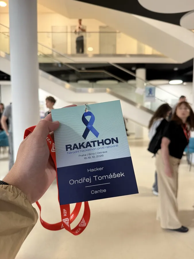 Rakathon hacker badge with Ondřej's name